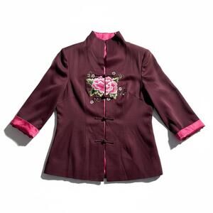 Mandarin Collar Chinese Embroidered Jacket Frog Closure Burgundy S/M